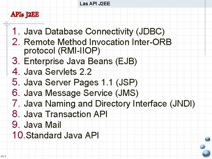 Las API J 2 EE APIs J 2 EE 1. Java Database Connectivity (JDBC)
