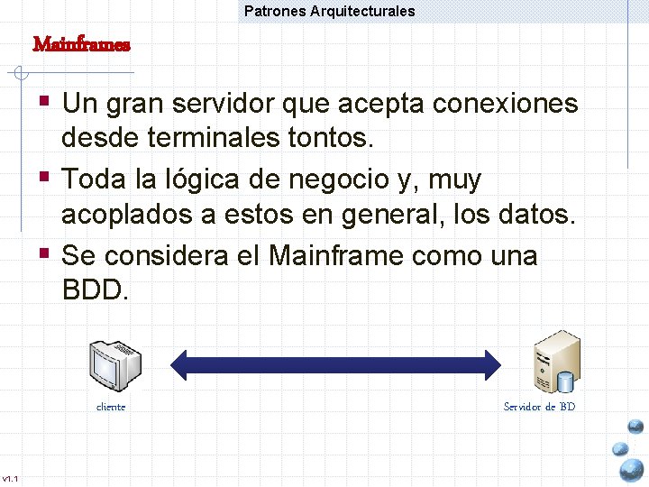 Patrones Arquitecturales Mainframes § Un gran servidor que acepta conexiones desde terminales tontos. §