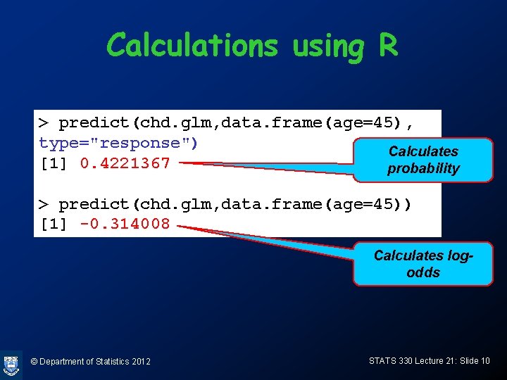 Calculations using R > predict(chd. glm, data. frame(age=45), type="response") Calculates [1] 0. 4221367 probability