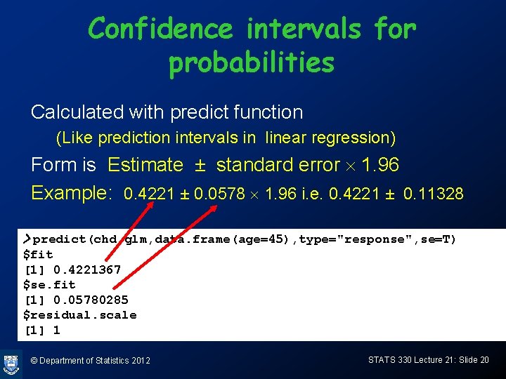 Confidence intervals for probabilities Calculated with predict function (Like prediction intervals in linear regression)