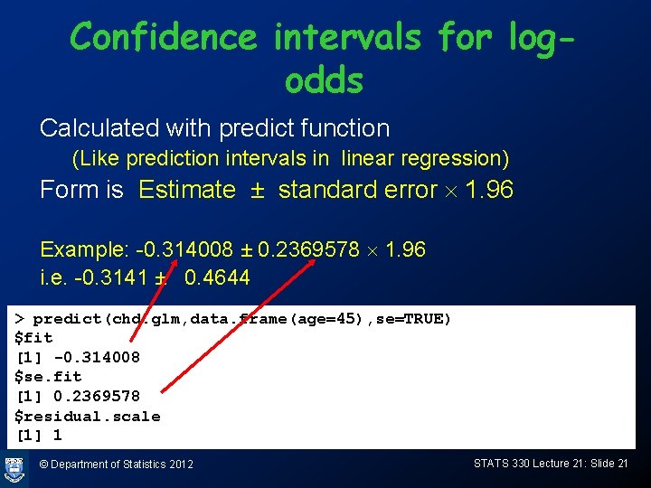 Confidence intervals for logodds Calculated with predict function (Like prediction intervals in linear regression)