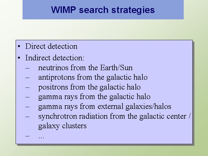 WIMP search strategies • Direct detection • Indirect detection: – neutrinos from the Earth/Sun