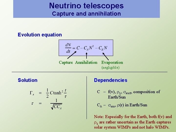 Neutrino telescopes Capture and annihilation Evolution equation Capture Annihilation Evaporation (negligible) Solution Dependencies C