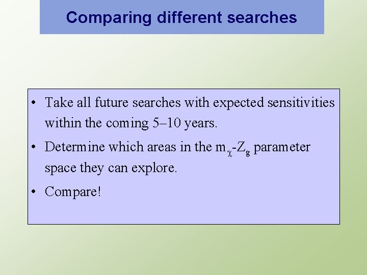 Comparing different searches • Take all future searches with expected sensitivities within the coming