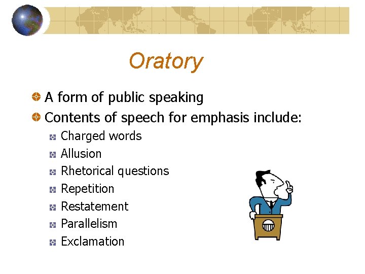 Oratory A form of public speaking Contents of speech for emphasis include: Charged words