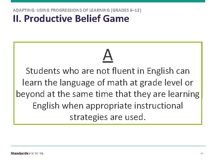 ADAPTING: USING PROGRESSIONS OF LEARNING (GRADES 6– 12) II. Productive Belief Game C D