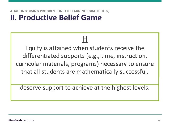 ADAPTING: USING PROGRESSIONS OF LEARNING (GRADES K– 5) II. Productive Belief Game G F