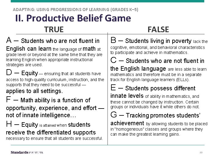 ADAPTING: USING PROGRESSIONS OF LEARNING (GRADES K– 5) II. Productive Belief Game TRUE FALSE