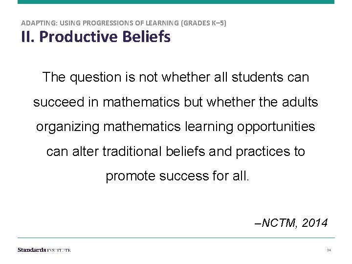 ADAPTING: USING PROGRESSIONS OF LEARNING (GRADES K– 5) II. Productive Beliefs The question is