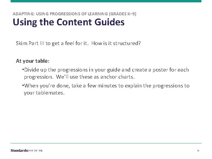 ADAPTING: USING PROGRESSIONS OF LEARNING (GRADES K– 5) Using the Content Guides Skim Part