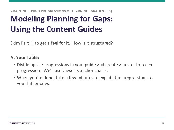 ADAPTING: USING PROGRESSIONS OF LEARNING (GRADES K– 5) Modeling Planning for Gaps: Using the