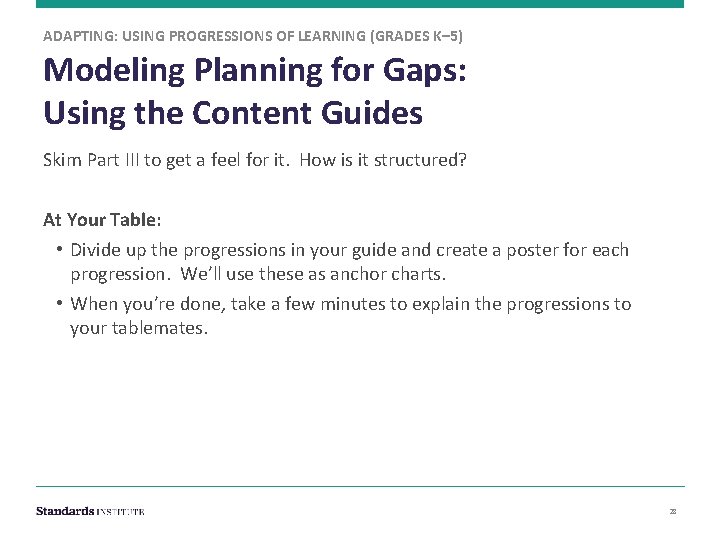 ADAPTING: USING PROGRESSIONS OF LEARNING (GRADES K– 5) Modeling Planning for Gaps: Using the