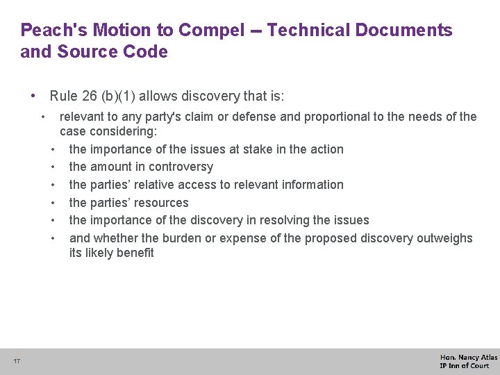 Peach's Motion to Compel -- Technical Documents and Source Code • Rule 26 (b)(1)