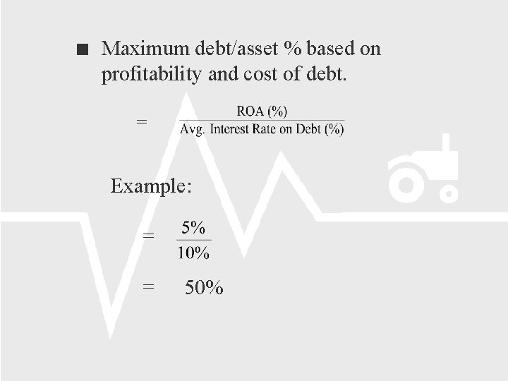  Maximum debt/asset % based on profitability and cost of debt. = Example: =