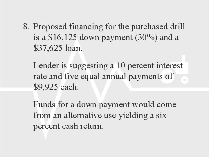 8. Proposed financing for the purchased drill is a $16, 125 down payment (30%)