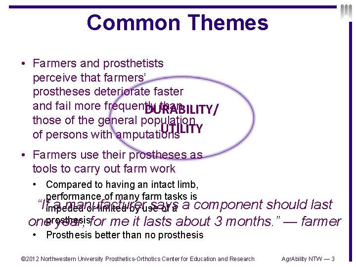 Common Themes • Farmers and prosthetists perceive that farmers’ prostheses deteriorate faster and fail