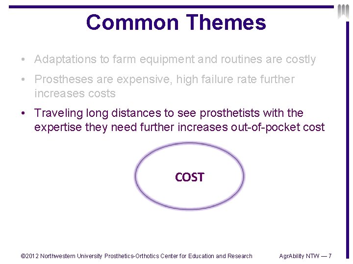 Common Themes • Adaptations to farm equipment and routines are costly • Prostheses are