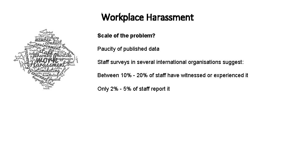 Workplace Harassment Scale of the problem? Paucity of published data Staff surveys in several