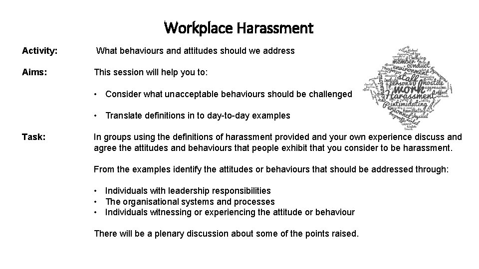 Workplace Harassment Activity: What behaviours and attitudes should we address Aims: This session will