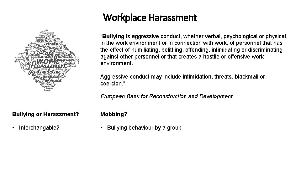 Workplace Harassment "Bullying is aggressive conduct, whether verbal, psychological or physical, in the work