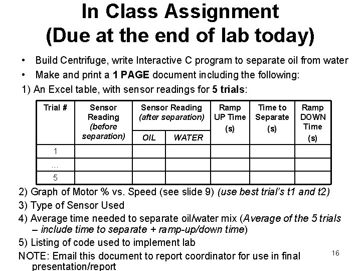 In Class Assignment (Due at the end of lab today) • Build Centrifuge, write