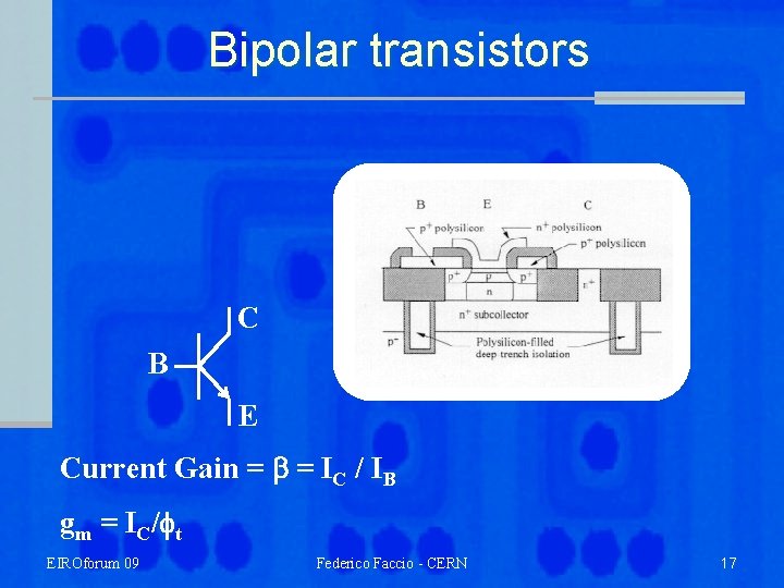 Bipolar transistors C B E Current Gain = = IC / IB gm =