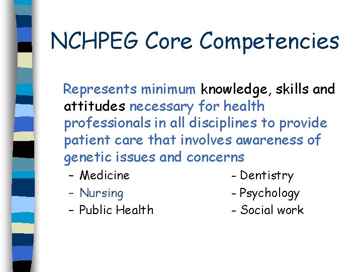 NCHPEG Core Competencies Represents minimum knowledge, skills and attitudes necessary for health professionals in