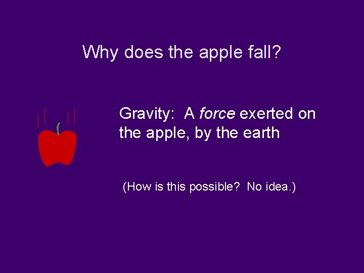 Why does the apple fall? Gravity: A force exerted on the apple, by the