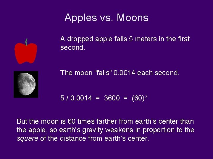 Apples vs. Moons A dropped apple falls 5 meters in the first second. The