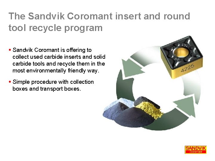 The Sandvik Coromant insert and round tool recycle program Sandvik Coromant is offering to The Sandvik Coromant insert and round tool recycle program Sandvik Coromant is offering to
