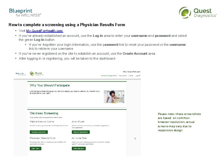 How to complete a screening using a Physician Results Form • Visit My. Quest.