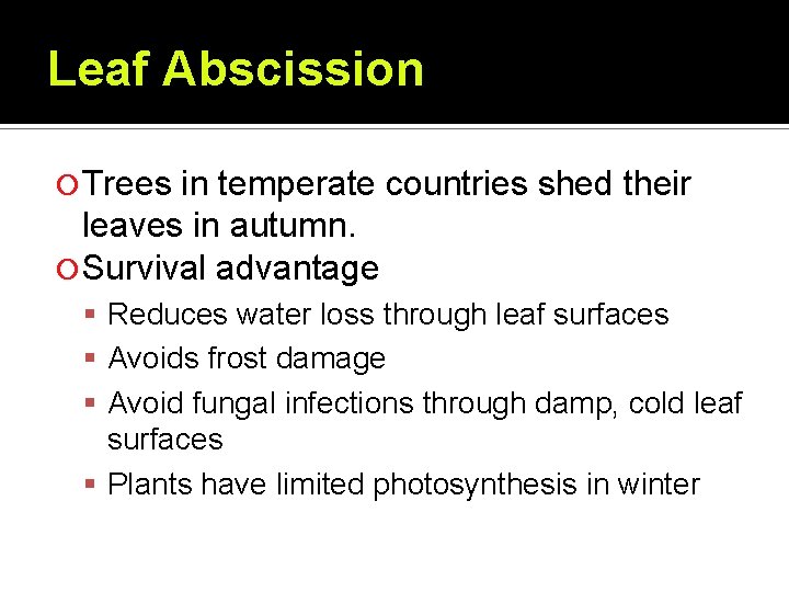 Leaf Abscission Trees in temperate countries shed their leaves in autumn. Survival advantage Reduces