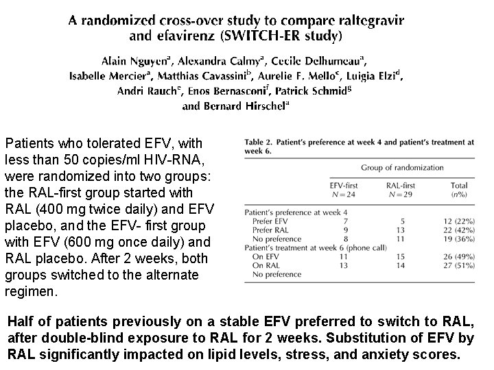 Patients who tolerated EFV, with less than 50 copies/ml HIV-RNA, were randomized into two