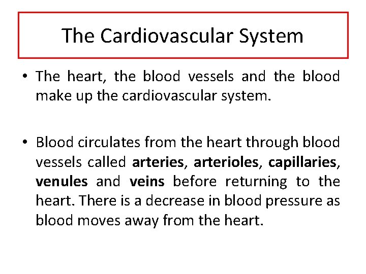 The Cardiovascular System • The heart, the blood vessels and the blood make up