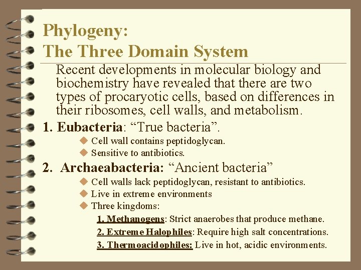 Phylogeny: The Three Domain System Recent developments in molecular biology and biochemistry have revealed