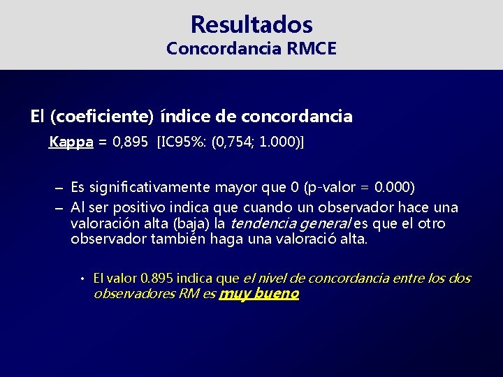 Resultados Concordancia RMCE El (coeficiente) índice de concordancia Kappa = 0, 895 [IC 95%: