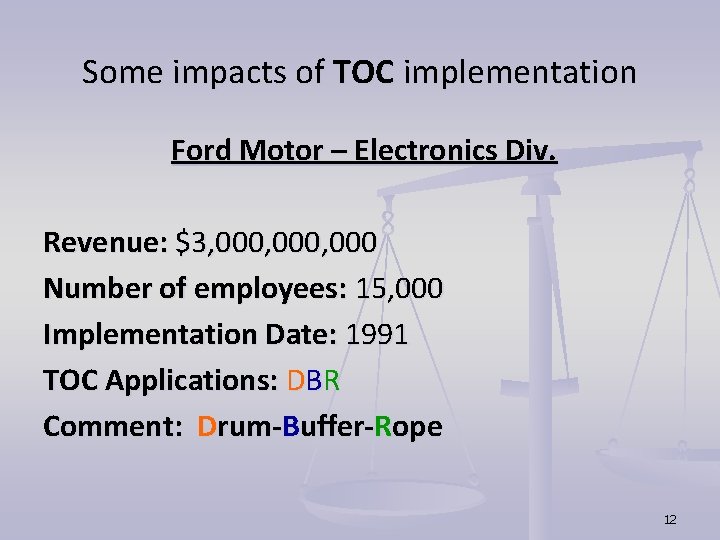 Some impacts of TOC implementation Ford Motor – Electronics Div. Revenue: $3, 000, 000 Some impacts of TOC implementation Ford Motor – Electronics Div. Revenue: $3, 000, 000