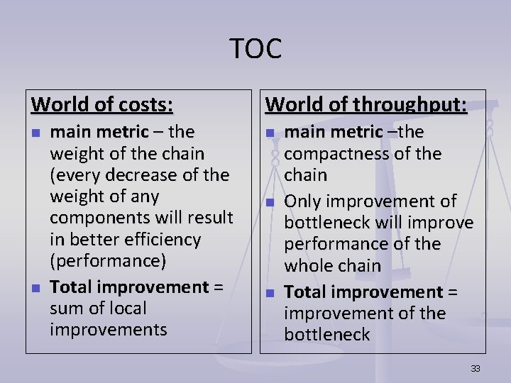 TOC World of costs: n n main metric – the weight of the chain TOC World of costs: n n main metric – the weight of the chain