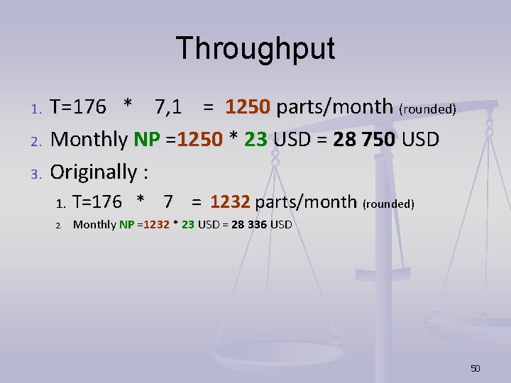 Throughput 1. 2. 3. T=176 * 7, 1 = 1250 parts/month (rounded) Monthly NP Throughput 1. 2. 3. T=176 * 7, 1 = 1250 parts/month (rounded) Monthly NP