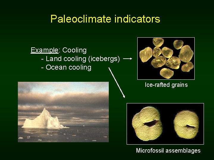 Paleoclimate indicators Example: Cooling - Land cooling (icebergs) - Ocean cooling Ice-rafted grains Microfossil Paleoclimate indicators Example: Cooling - Land cooling (icebergs) - Ocean cooling Ice-rafted grains Microfossil