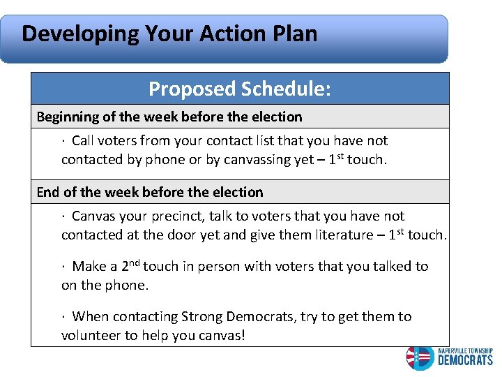 Developing Your Action Plan Proposed Schedule: Beginning of the week before the election ·