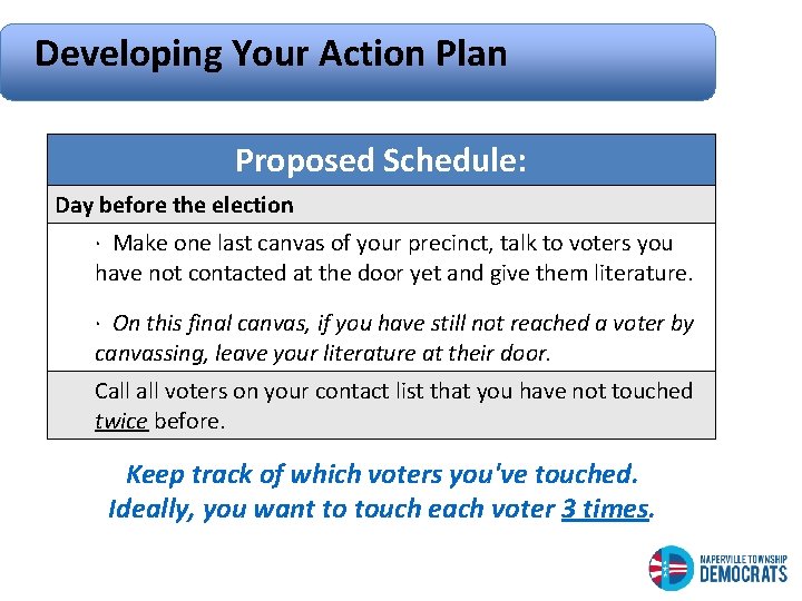 Developing Your Action Plan Proposed Schedule: Day before the election · Make one last