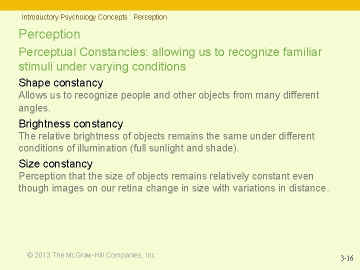 Introductory Psychology Concepts : Perception Perceptual Constancies: allowing us to recognize familiar stimuli under