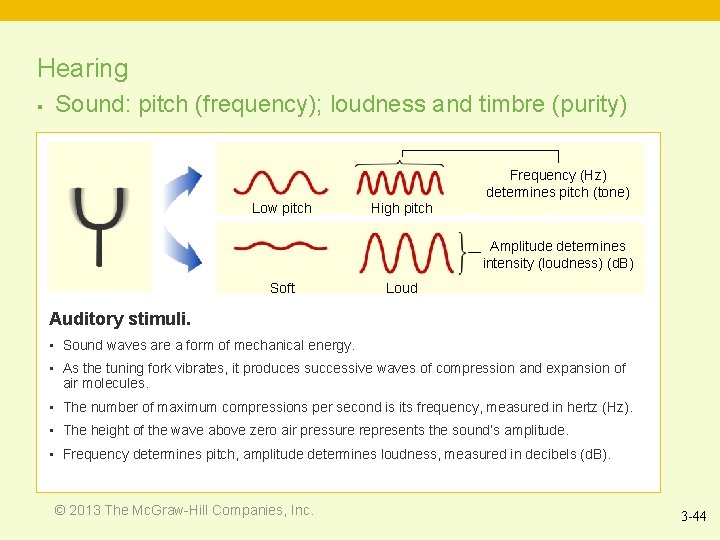 Hearing § Sound: pitch (frequency); loudness and timbre (purity) Low pitch High pitch Frequency