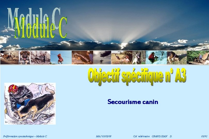 Secourisme canin Préformation cynotechnique – Module C MAJ 01/02/08 Col vétérinaire GRANDJEAN D. 01/91