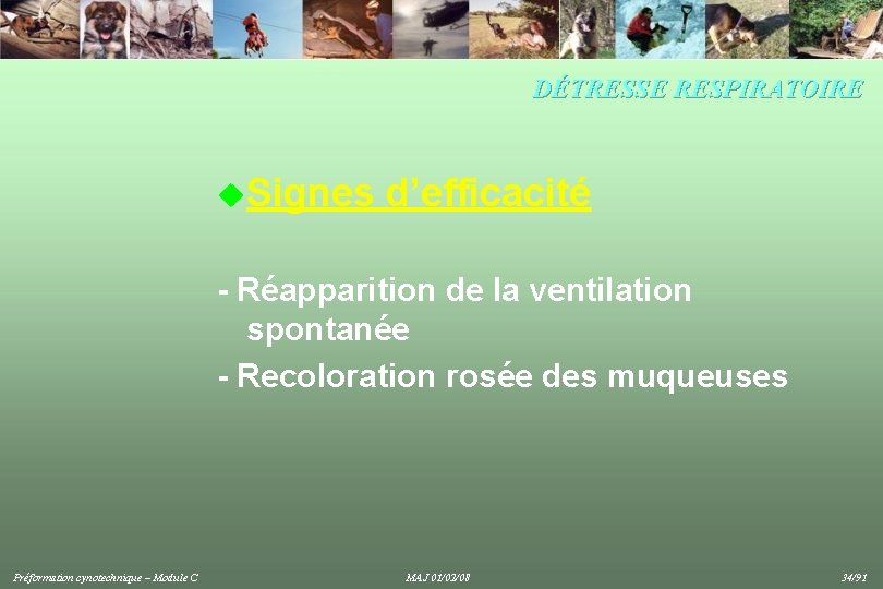 DÉTRESSE RESPIRATOIRE u. Signes d’efficacité - Réapparition de la ventilation spontanée - Recoloration rosée