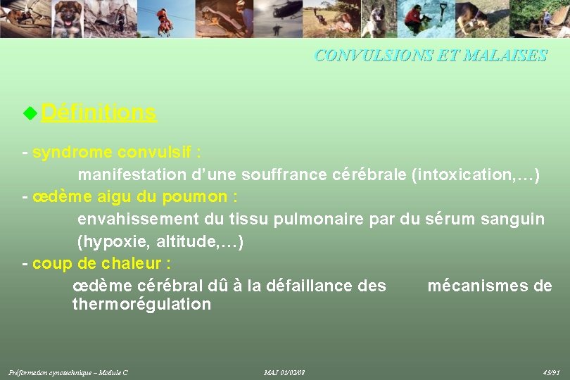 CONVULSIONS ET MALAISES u Définitions - syndrome convulsif : manifestation d’une souffrance cérébrale (intoxication,