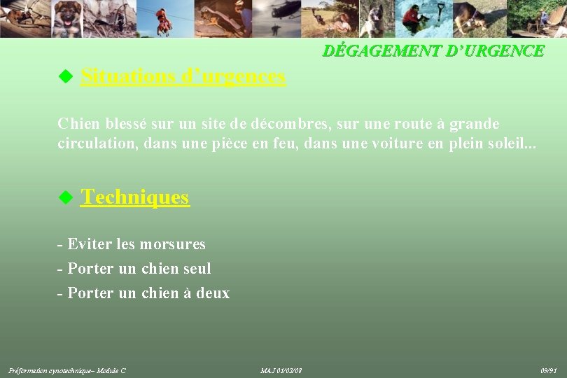 DÉGAGEMENT D’URGENCE u Situations d’urgences Chien blessé sur un site de décombres, sur une