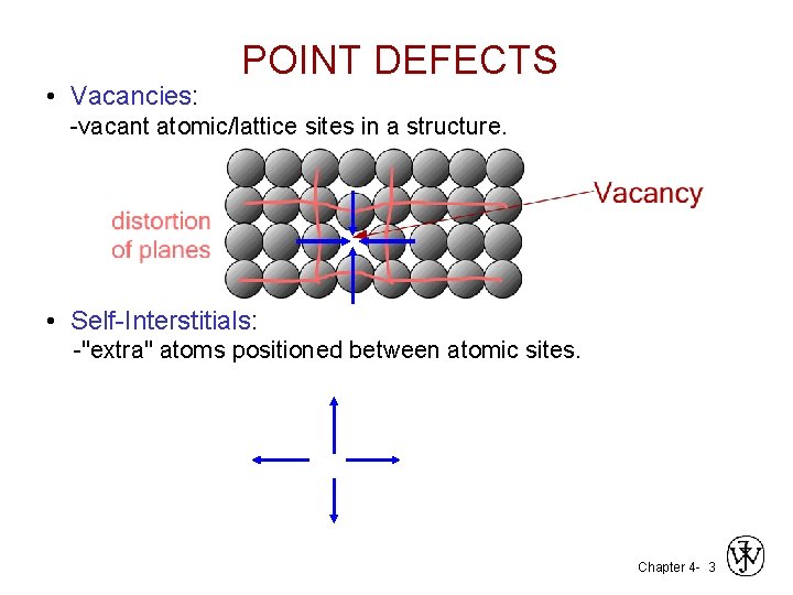  • Vacancies: POINT DEFECTS -vacant atomic/lattice sites in a structure. • Self-Interstitials: -"extra"