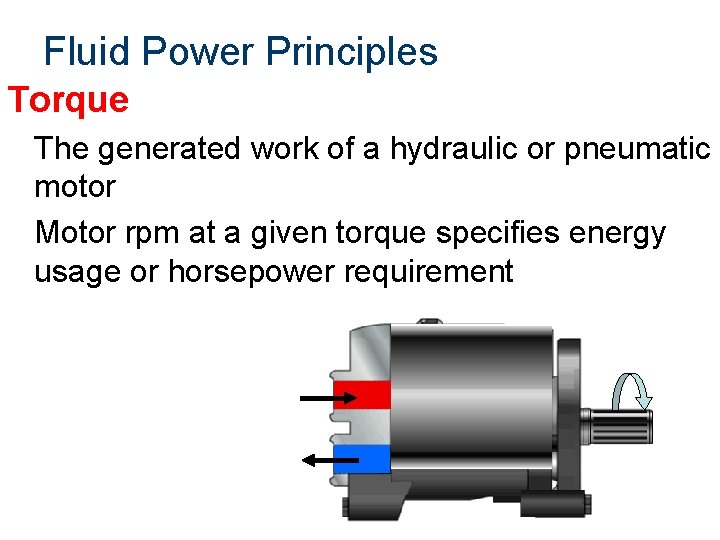 Fluid Power Principles Torque The generated work of a hydraulic or pneumatic motor Motor